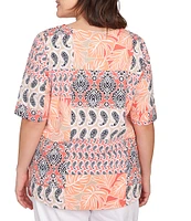 Ruby Rd. Plus Size Bali Patchwork Print Split V-Neck Short Sleeve Knit Tee