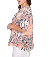 Ruby Rd. Plus Size Bali Patchwork Print Split V-Neck Short Sleeve Knit Tee