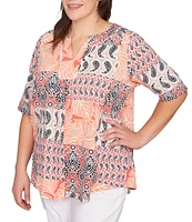 Ruby Rd. Plus Size Bali Patchwork Print Split V-Neck Short Sleeve Knit Tee