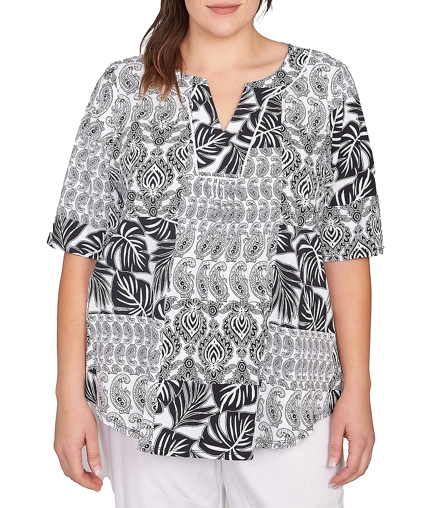 Ruby Rd. Plus Size Bali Patchwork Print Split V-Neck Short Sleeve Knit Tee