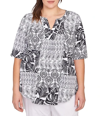 Ruby Rd. Plus Size Bali Patchwork Print Split V-Neck Short Sleeve Knit Tee