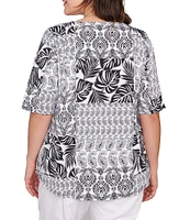 Ruby Rd. Plus Size Bali Patchwork Print Split V-Neck Short Sleeve Knit Tee