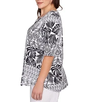 Ruby Rd. Plus Size Bali Patchwork Print Split V-Neck Short Sleeve Knit Tee