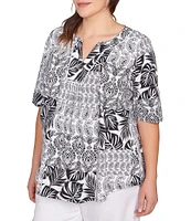 Ruby Rd. Plus Size Bali Patchwork Print Split V-Neck Short Sleeve Knit Tee