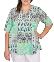 Ruby Rd. Plus Size Bali Patchwork Print Split V-Neck Short Sleeve Knit Tee