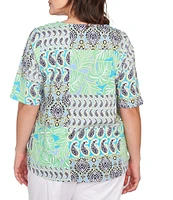 Ruby Rd. Plus Size Bali Patchwork Print Split V-Neck Short Sleeve Knit Tee