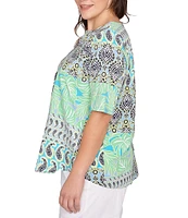 Ruby Rd. Plus Size Bali Patchwork Print Split V-Neck Short Sleeve Knit Tee