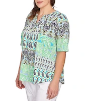 Ruby Rd. Plus Size Bali Patchwork Print Split V-Neck Short Sleeve Knit Tee