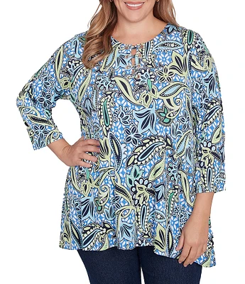 Ruby Rd. Plus Size Balinese Ikat Print Knit Crew Neck Lace Up Front Placket 3/4 Sleeve Top