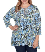 Ruby Rd. Plus Size Balinese Ikat Print Knit Crew Neck Lace Up Front Placket 3/4 Sleeve Top