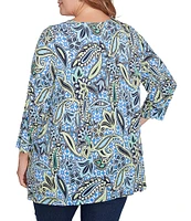 Ruby Rd. Plus Size Balinese Ikat Print Knit Crew Neck Lace Up Front Placket 3/4 Sleeve Top