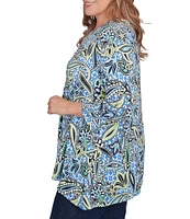 Ruby Rd. Plus Size Balinese Ikat Print Knit Crew Neck Lace Up Front Placket 3/4 Sleeve Top