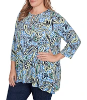 Ruby Rd. Plus Size Balinese Ikat Print Knit Crew Neck Lace Up Front Placket 3/4 Sleeve Top