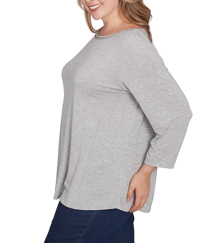 Ruby Rd. Plus Size Boat Neck 3/4 Sleeve Embellished Glitter Knit Top