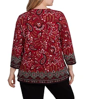 Ruby Rd. Plus Size Paisley Border Print Embellished Boat Neck 3/4 Sleeve Knit Top