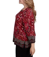 Ruby Rd. Plus Size Paisley Border Print Embellished Boat Neck 3/4 Sleeve Knit Top