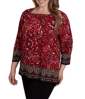 Ruby Rd. Plus Size Paisley Border Print Embellished Boat Neck 3/4 Sleeve Knit Top