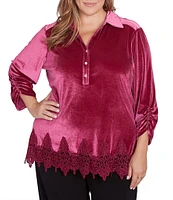 Ruby Rd. Plus Size Collared V-Neck 3/4 Ruched Sleeve Lace Trim Velvet Blouse