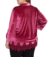 Ruby Rd. Plus Size Collared V-Neck 3/4 Ruched Sleeve Lace Trim Velvet Blouse