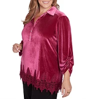 Ruby Rd. Plus Size Collared V-Neck 3/4 Ruched Sleeve Lace Trim Velvet Blouse