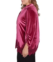 Ruby Rd. Plus Size Collared V-Neck 3/4 Ruched Sleeve Lace Trim Velvet Blouse