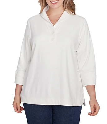 Ruby Rd. Plus Size Collared V-Neck 3/4 Sleeve Luxe Rib Knit Sweater