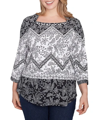 Ruby Rd. Plus Size Cotton Mixed Print Square Neck 3/4 Sleeve Top