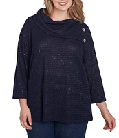 Ruby Rd. Plus Size Cozy Knit Split Cowl Neck 3/4 Sleeve Sequin Top