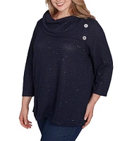 Ruby Rd. Plus Size Cozy Knit Split Cowl Neck 3/4 Sleeve Sequin Top