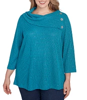 Ruby Rd. Plus Size Cozy Knit Split Cowl Neck 3/4 Sleeve Sequin Top