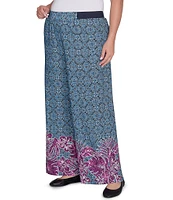 Ruby Rd. Plus Size Crepe Knit Floral Border Print Wide-Leg Pull-On Pants