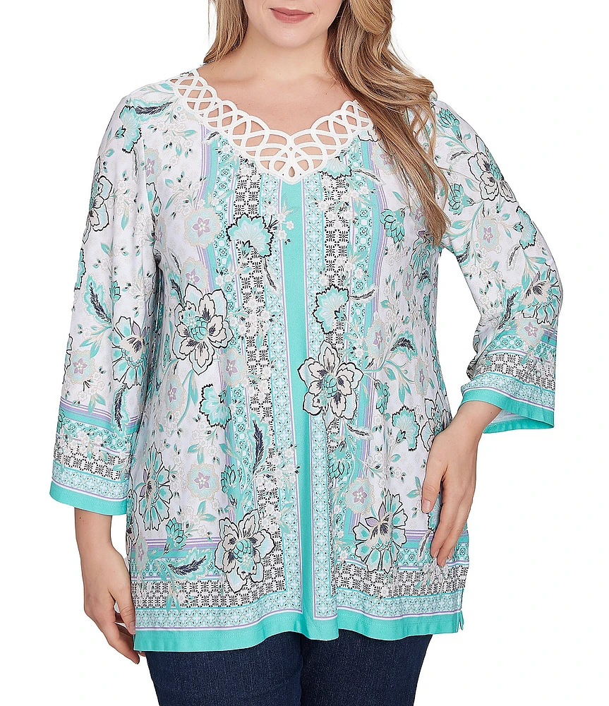 Ruby Rd. Plus Size Crepe Knit Printed Lace Trim V-Neck 3/4 Sleeve Top