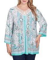 Ruby Rd. Plus Size Crepe Knit Printed Lace Trim V-Neck 3/4 Sleeve Top