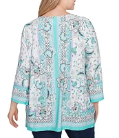 Ruby Rd. Plus Size Crepe Knit Printed Lace Trim V-Neck 3/4 Sleeve Top