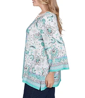 Ruby Rd. Plus Size Crepe Knit Printed Lace Trim V-Neck 3/4 Sleeve Top