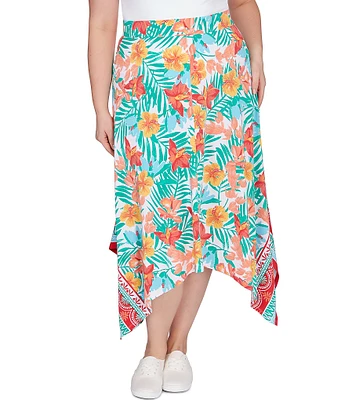 Ruby Rd. Plus Size Crepe Knit Tropical Geo Print Elastic Waist Asymmetrical Hem Midi Pull-On A-Line Skirt