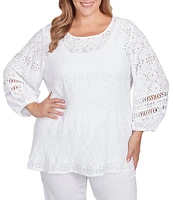 Ruby Rd. Plus Size Crew Neck 3/4 Bishop Sleeve Allover Eyelet Top