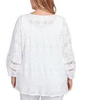 Ruby Rd. Plus Size Crew Neck 3/4 Bishop Sleeve Allover Eyelet Top