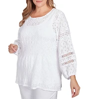 Ruby Rd. Plus Size Crew Neck 3/4 Bishop Sleeve Allover Eyelet Top