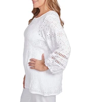 Ruby Rd. Plus Size Crew Neck 3/4 Bishop Sleeve Allover Eyelet Top