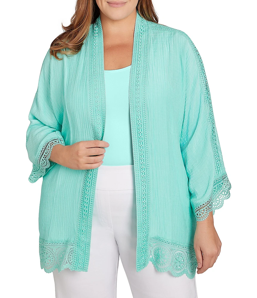 Ruby Rd. Plus Size Crinkle Gauze Lace Trim Bracelet Length Sleeve Open-Front Jacket