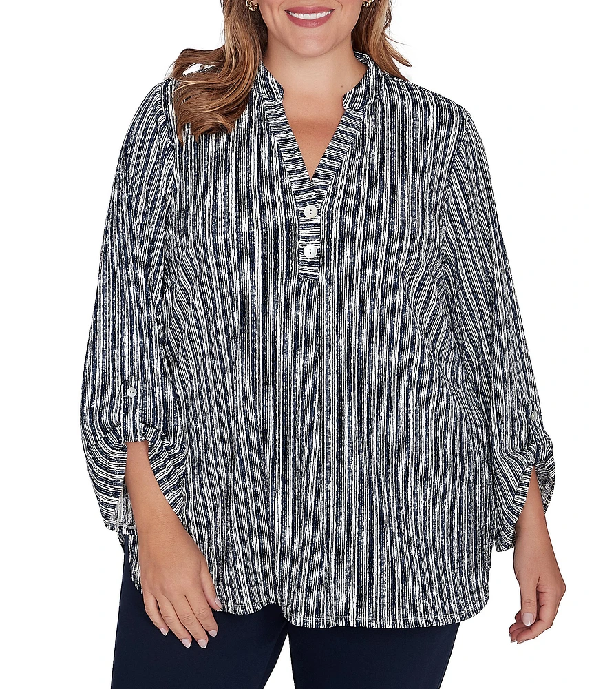 Ruby Rd. Plus Size Crinkle Knit Band Split Neck Roll-Tab Sleeve Button Front Stripe Tunic Top