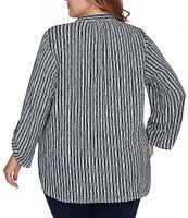 Ruby Rd. Plus Size Crinkle Knit Band Split Neck Roll-Tab Sleeve Button Front Stripe Tunic Top