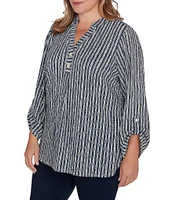 Ruby Rd. Plus Size Crinkle Knit Band Split Neck Roll-Tab Sleeve Button Front Stripe Tunic Top