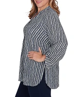 Ruby Rd. Plus Size Crinkle Knit Band Split Neck Roll-Tab Sleeve Button Front Stripe Tunic Top