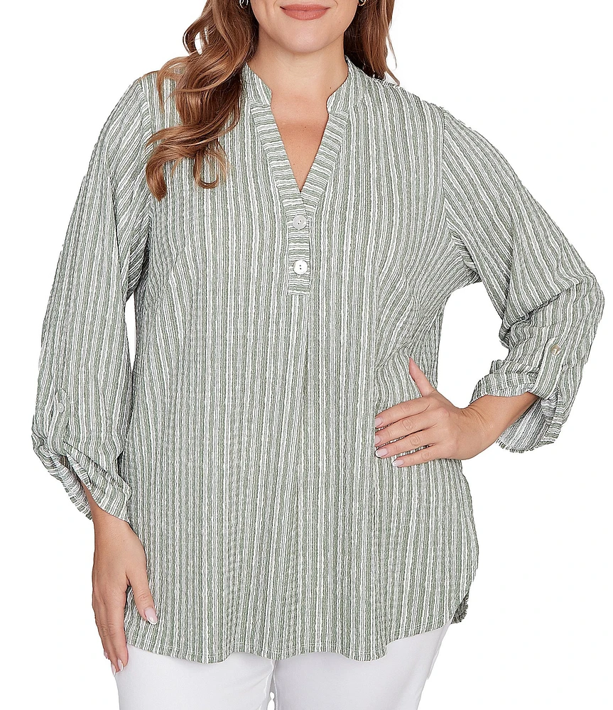 Ruby Rd. Plus Size Crinkle Knit Stripe V-Neck Long Roll-Tab Sleeve Henley Top