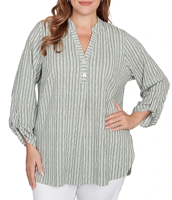 Ruby Rd. Plus Size Crinkle Knit Stripe V-Neck Long Roll-Tab Sleeve Henley Top