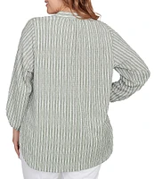 Ruby Rd. Plus Size Crinkle Knit Stripe V-Neck Long Roll-Tab Sleeve Henley Top