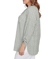 Ruby Rd. Plus Size Crinkle Knit Stripe V-Neck Long Roll-Tab Sleeve Henley Top