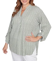 Ruby Rd. Plus Size Crinkle Knit Stripe V-Neck Long Roll-Tab Sleeve Henley Top